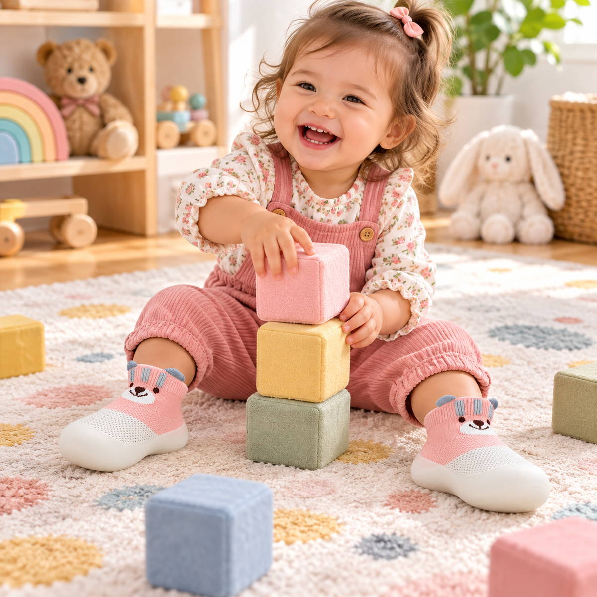 Pink animal shoes product detail and toddler styling two-panel frame