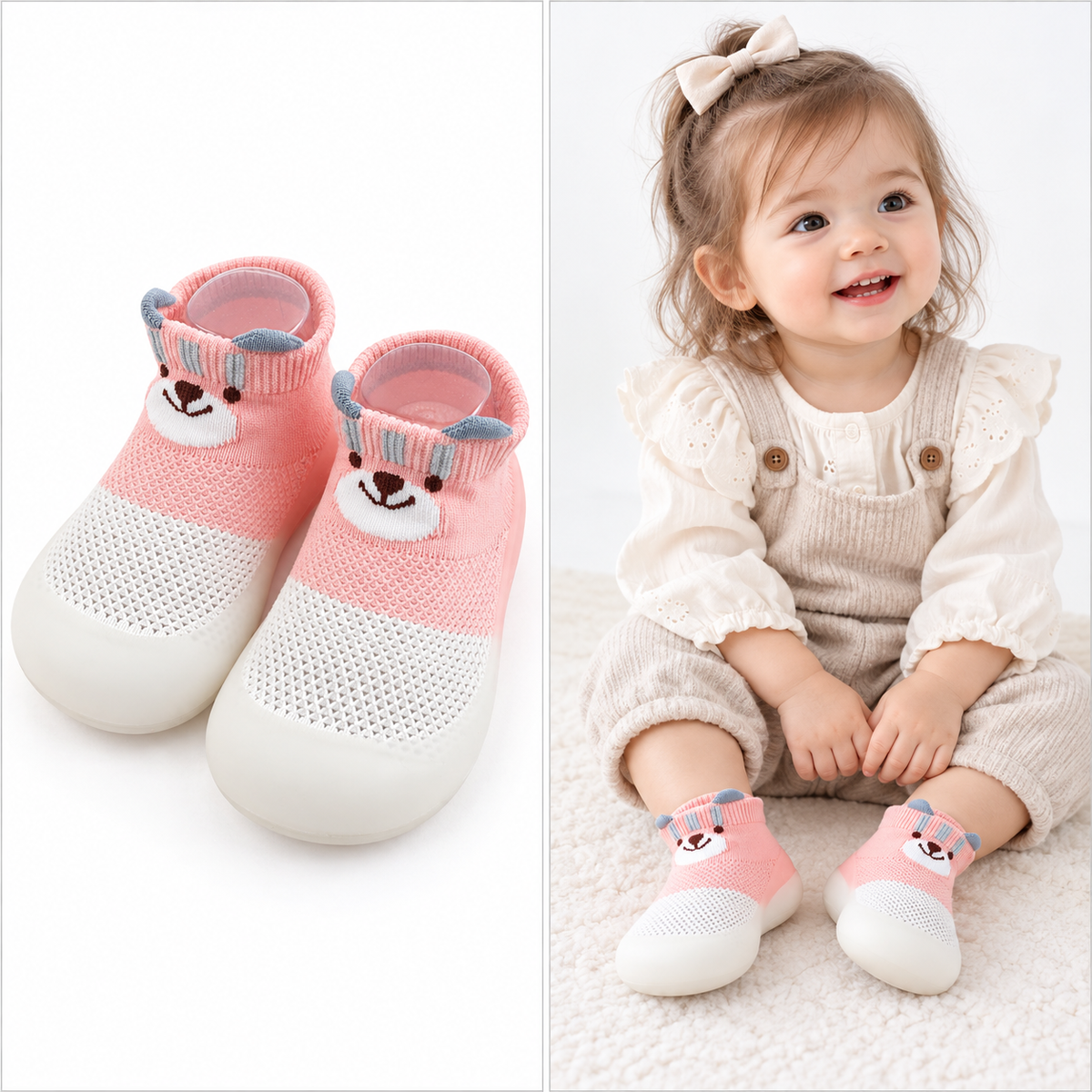 Laughing toddler playing in Pink animal sock shoes
