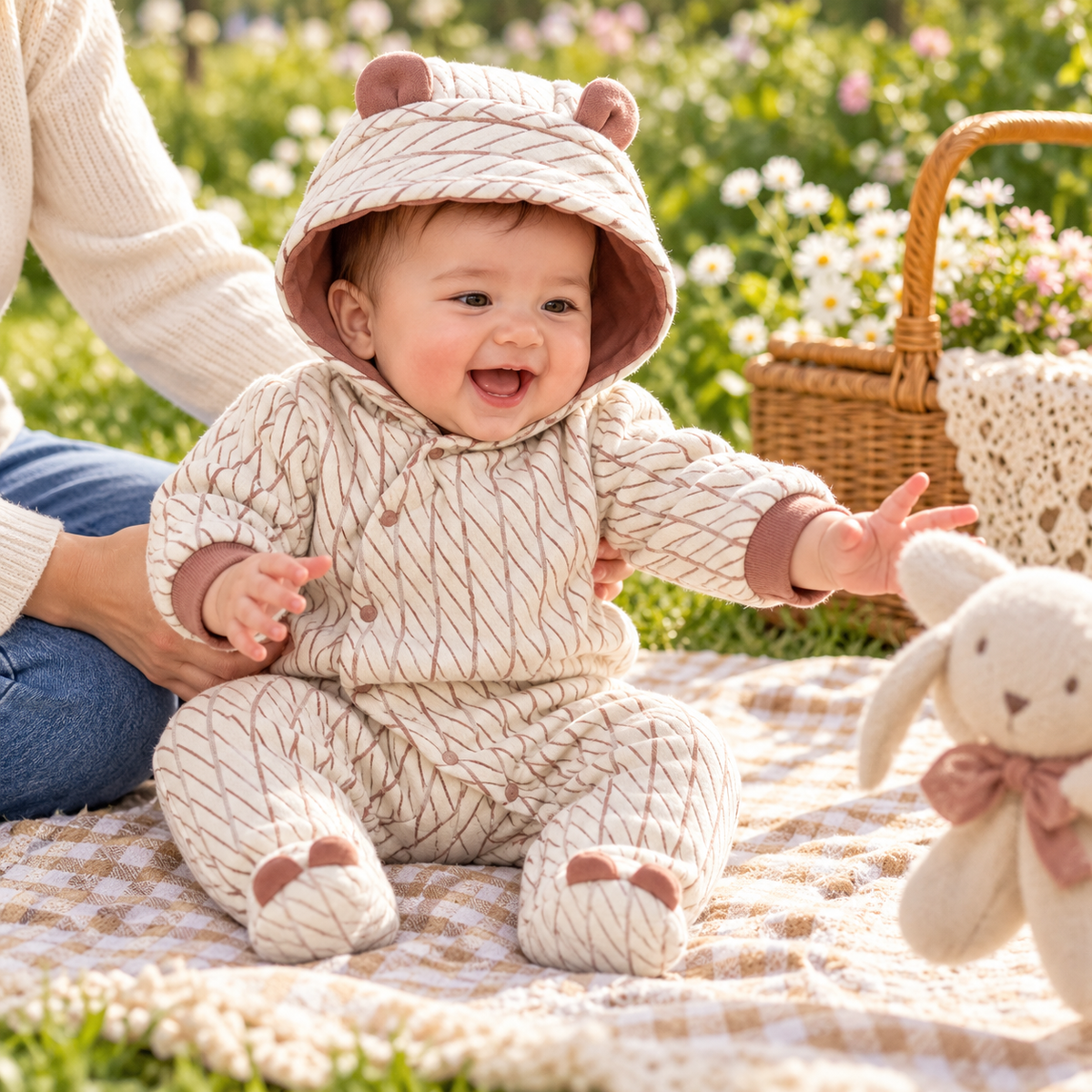Happy baby playing on picnic mat wearing Light Brown romper