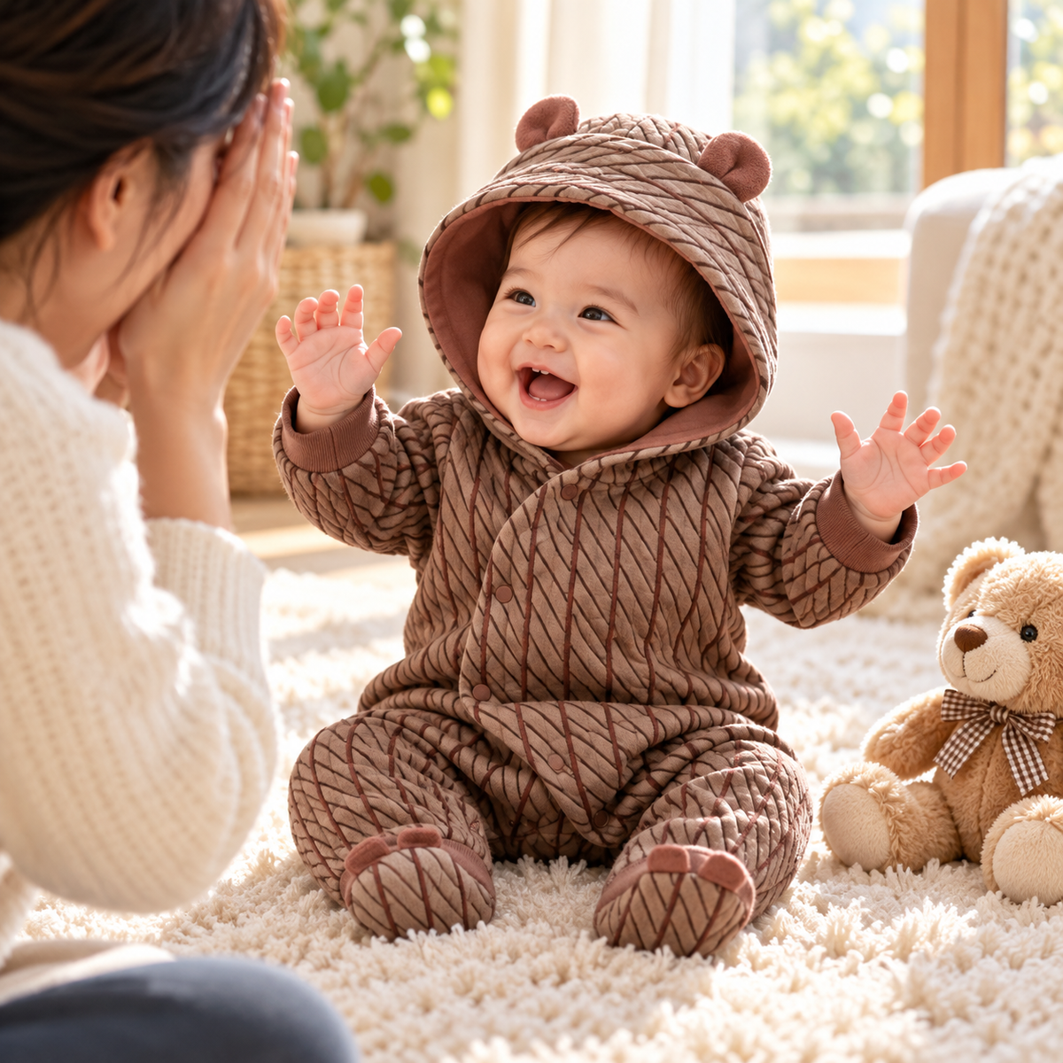 Laughing baby playing peekaboo wearing Brown romper