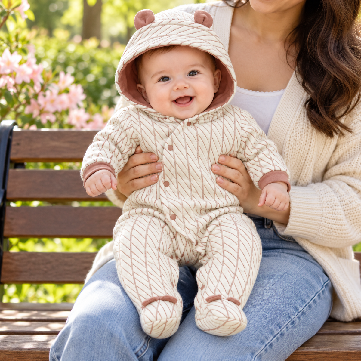 Baby wearing light brown footed romper while supported by parent outdoors