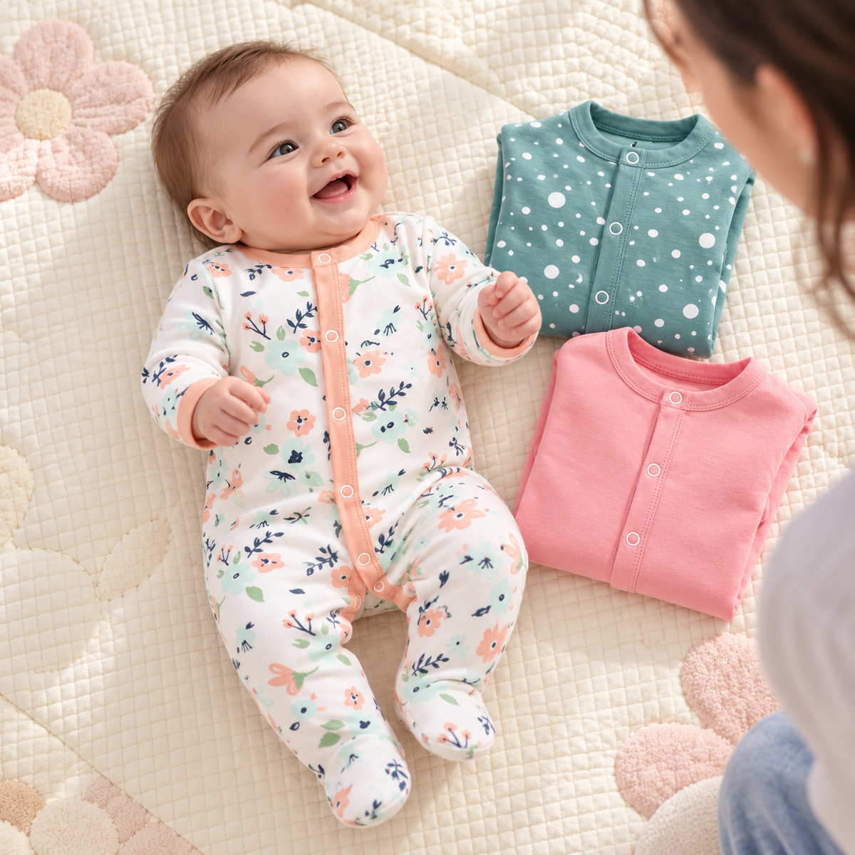 Baby in floral footed sleeper with pictured companion pieces