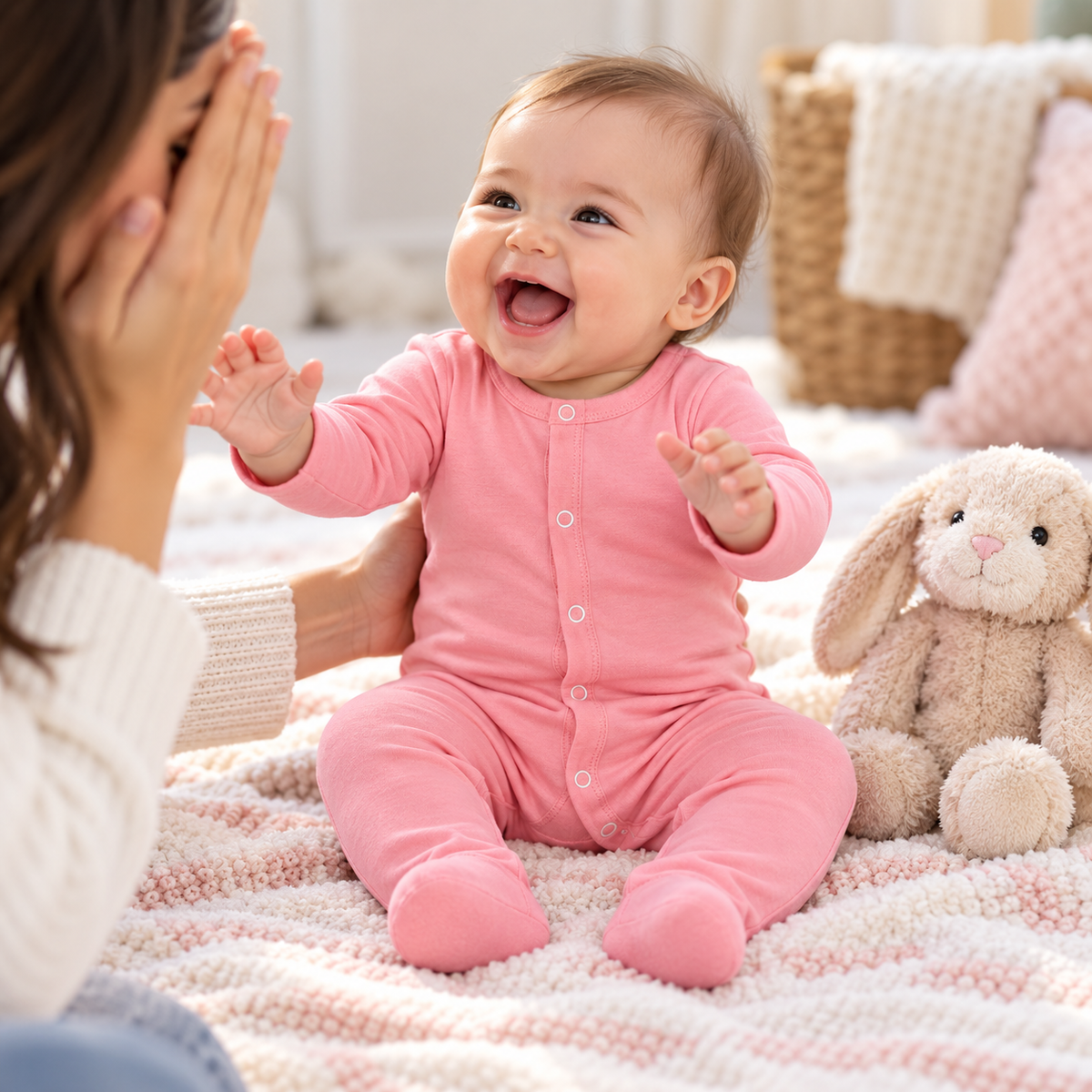 Baby laughing in pink footed sleeper