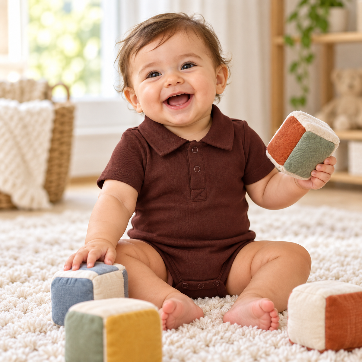 Baby laughing while playing in brown polo onesie