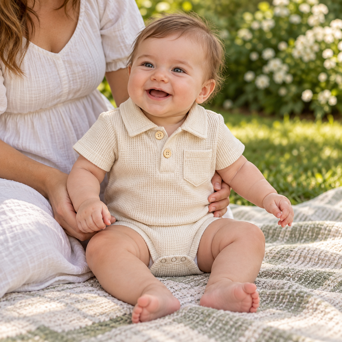 Apricot polo waffle romper worn by baby outdoors with parent