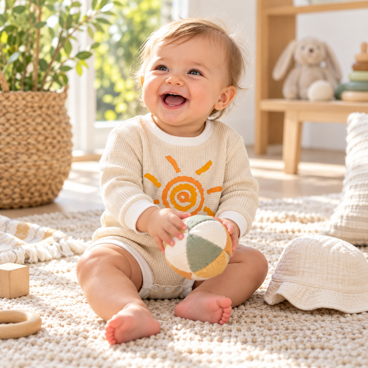 Laughing baby playing in Beige Big Sun waffle romper