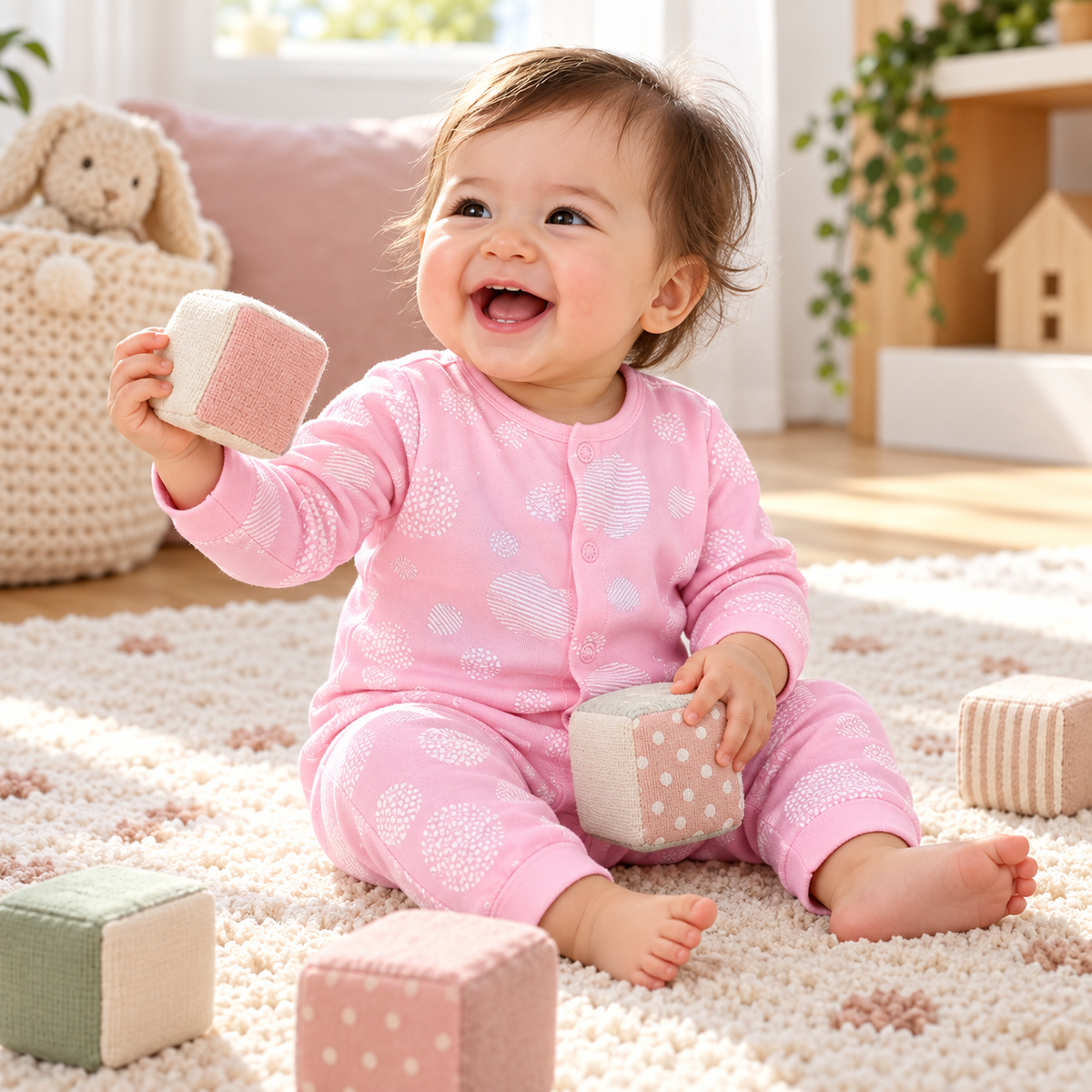 Baby laughing in pink print romper