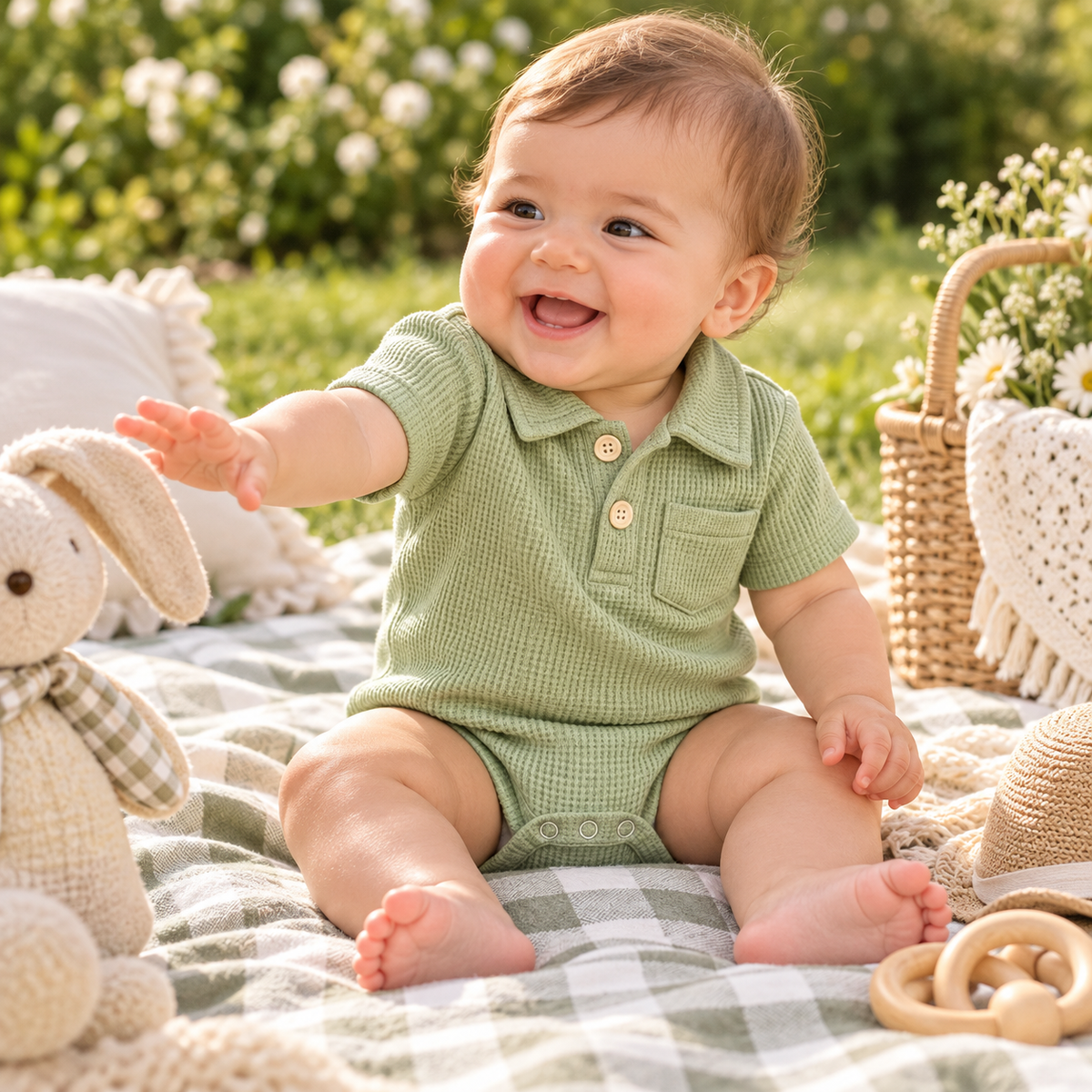 Baby playing in green waffle polo bodysuit