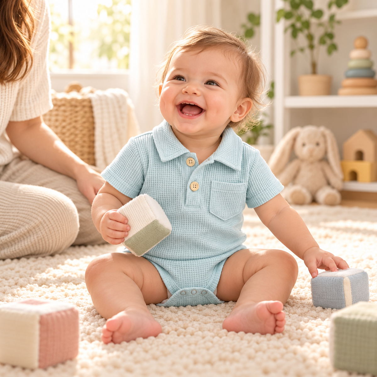 Baby laughing and playing in blue waffle polo bodysuit