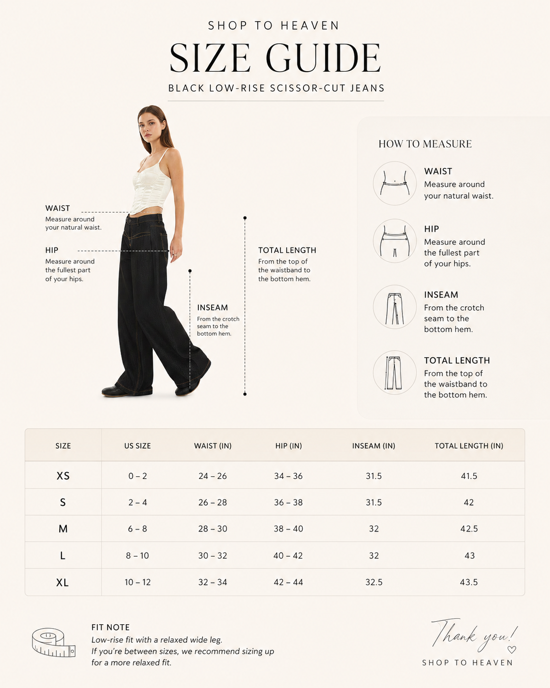 Black Low-Rise Scissor-Cut Jeans size guide and how to measure - Shop To Heaven