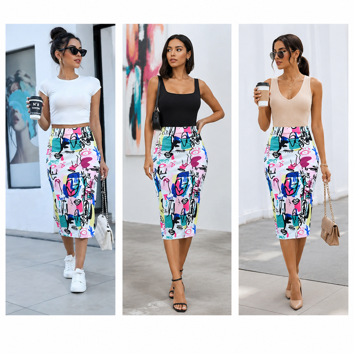 Abstract Graffiti Print Pencil Midi Skirt — three styling looks, set 1