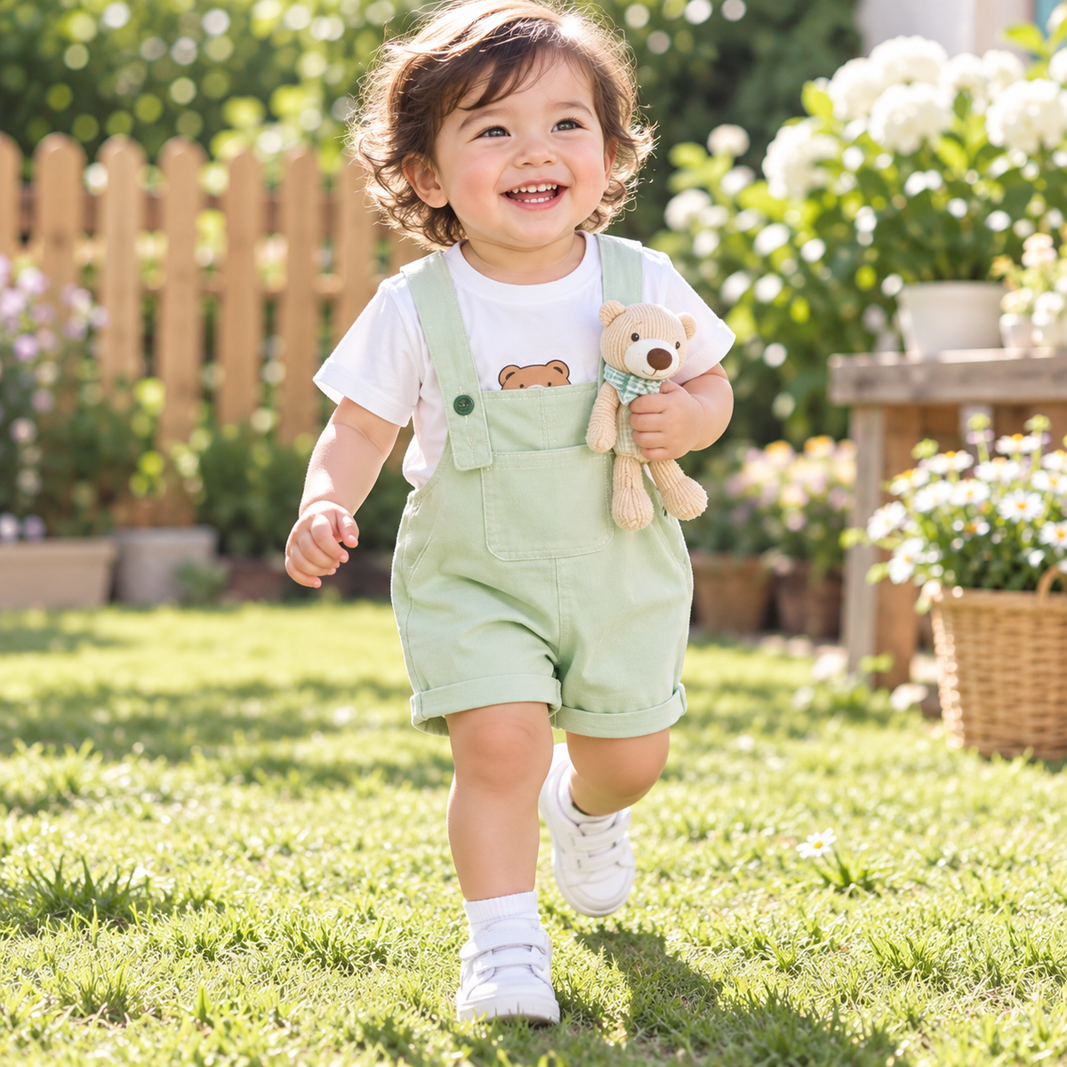Toddler styling pink suspender shorts and white T-shirt