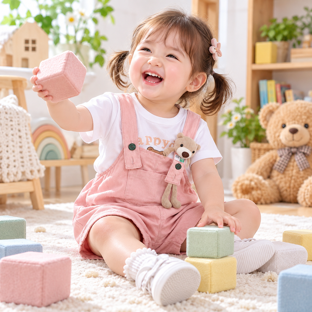 Toddler laughing while playing in pink suspender shorts set