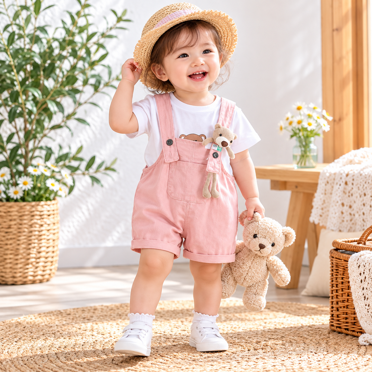 Toddler enjoying outdoor play in green suspender shorts set