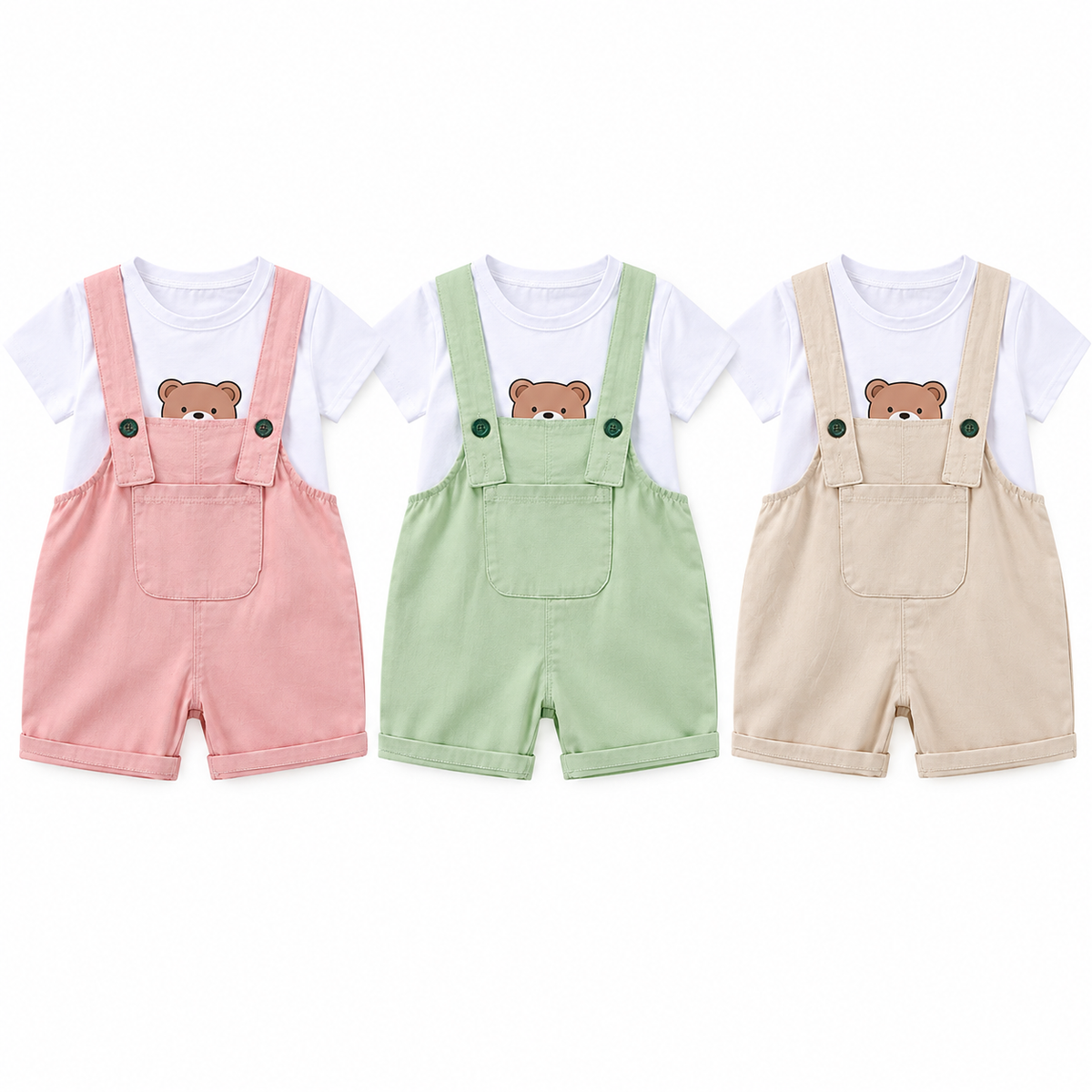 T-shirt and suspender shorts set in Pink, Light Green and Dark Khaki