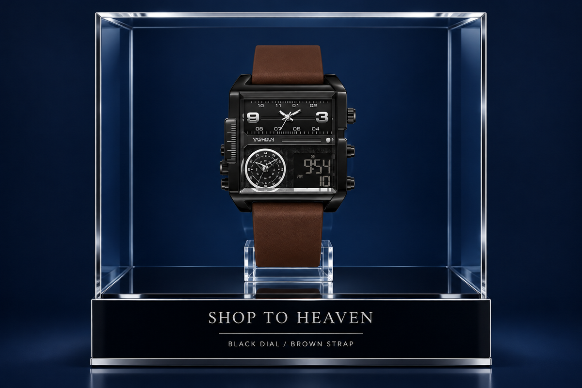 Rectangular Watch Black Dial Brown Strap