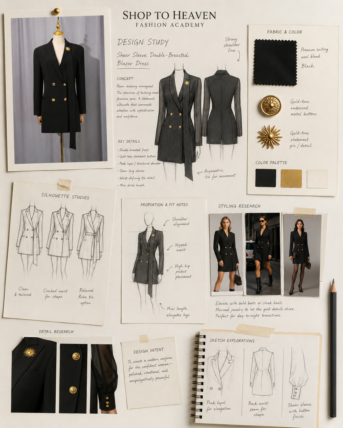 Sheer Sleeve Double-Breasted Blazer Dress design study - Shop To Heaven