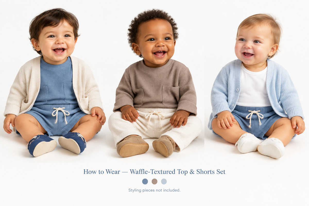 Three blue and brown styling looks