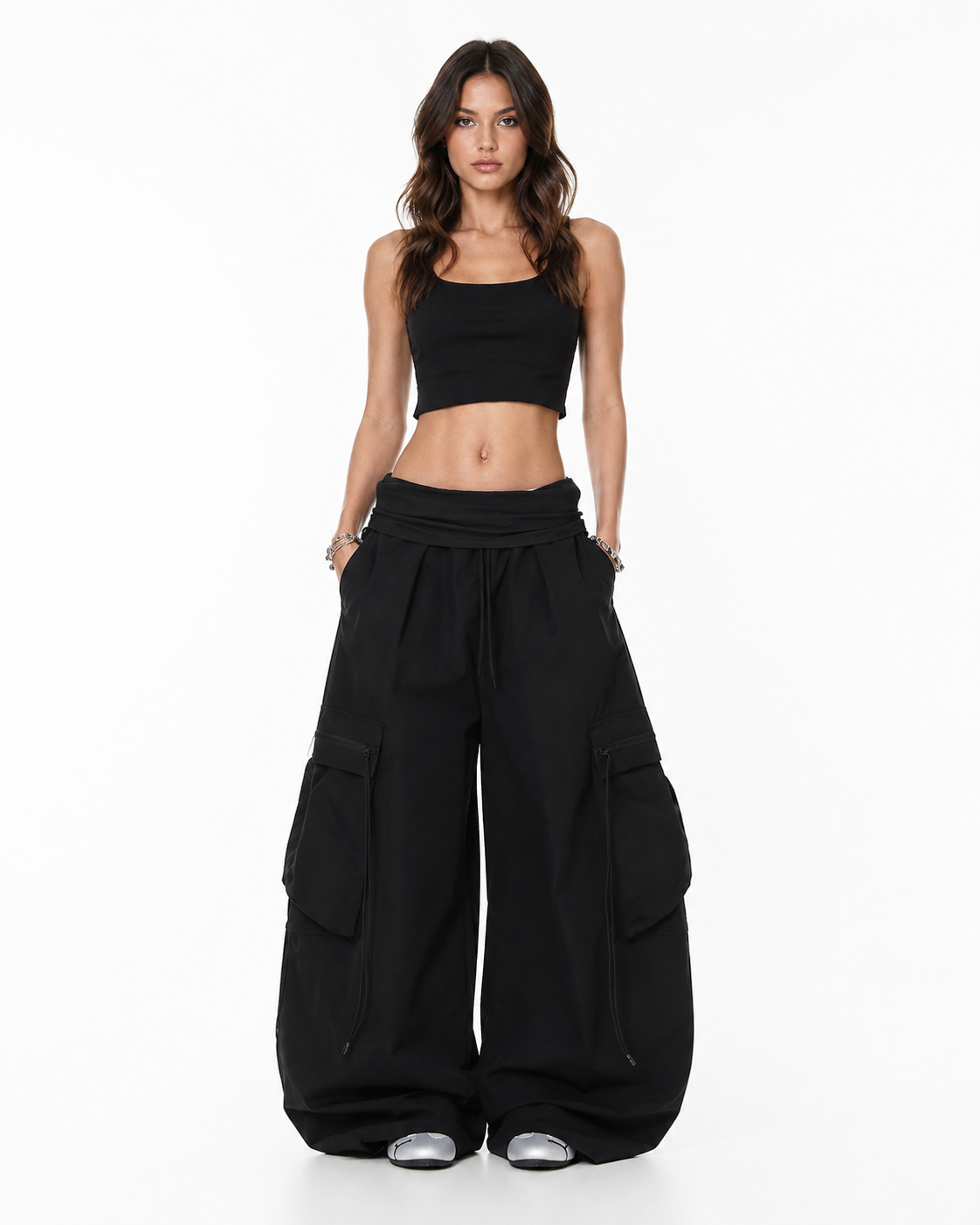 Shop To Heaven Wide-Leg Cargo Parachute Pants black front model view