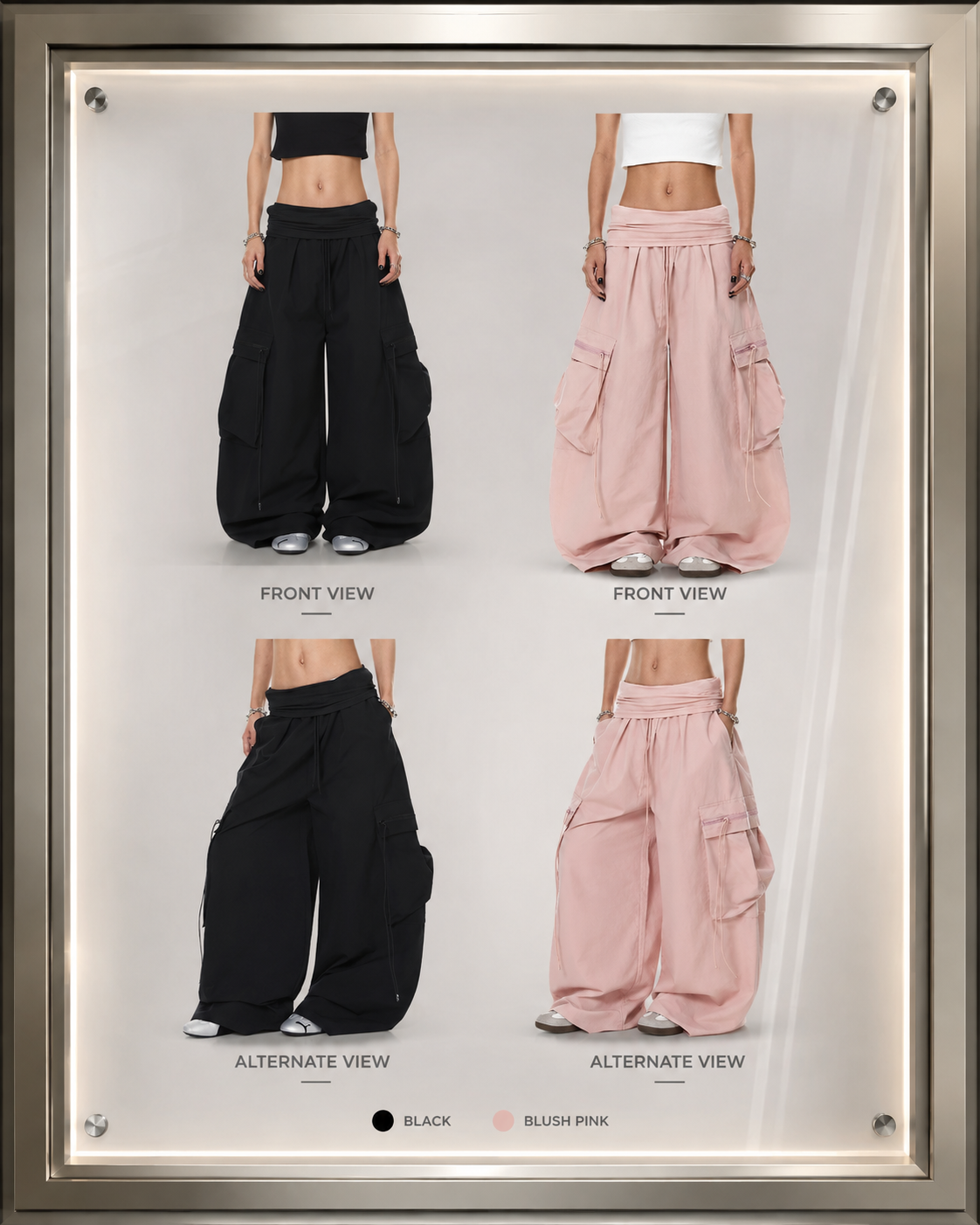 Shop To Heaven Wide-Leg Cargo Parachute Pants black and blush pink product views