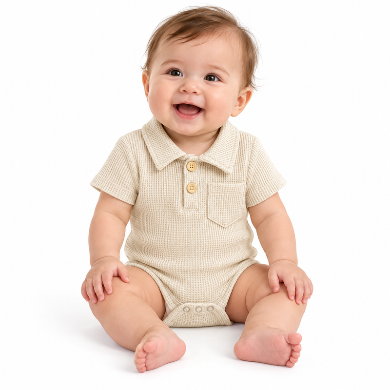 Newborn baby fashion — waffle-knit polo bodysuit, sizes 0–12 months