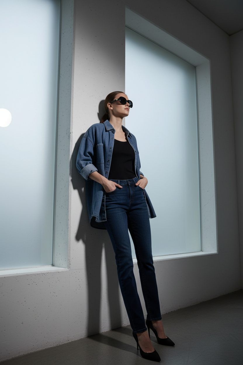 A woman wearing dark sunglasses, a blue denim jacket over a black top, and dark blue skinny jeans leans against a white wall in a minimalist room with large windows.