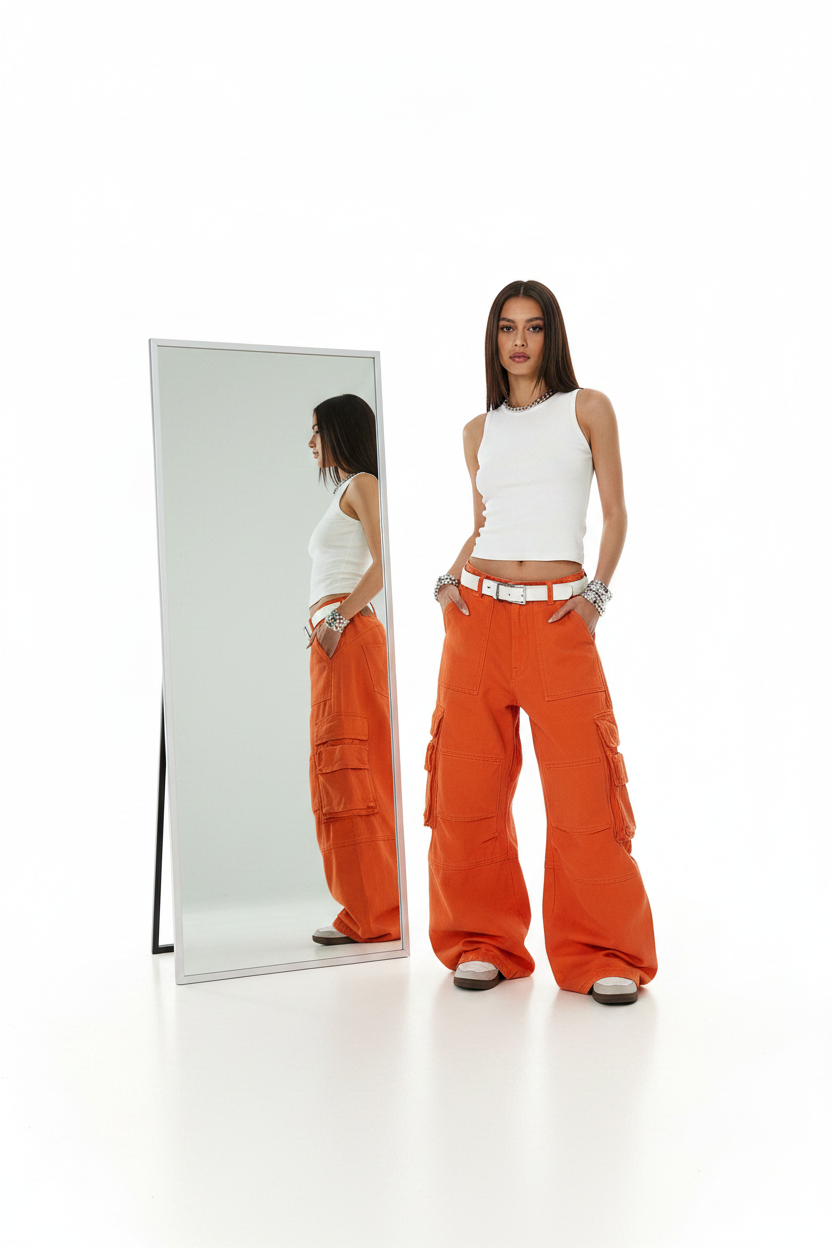 American-style Deconstructed Multi-pocket Statement Orange Utility Pants