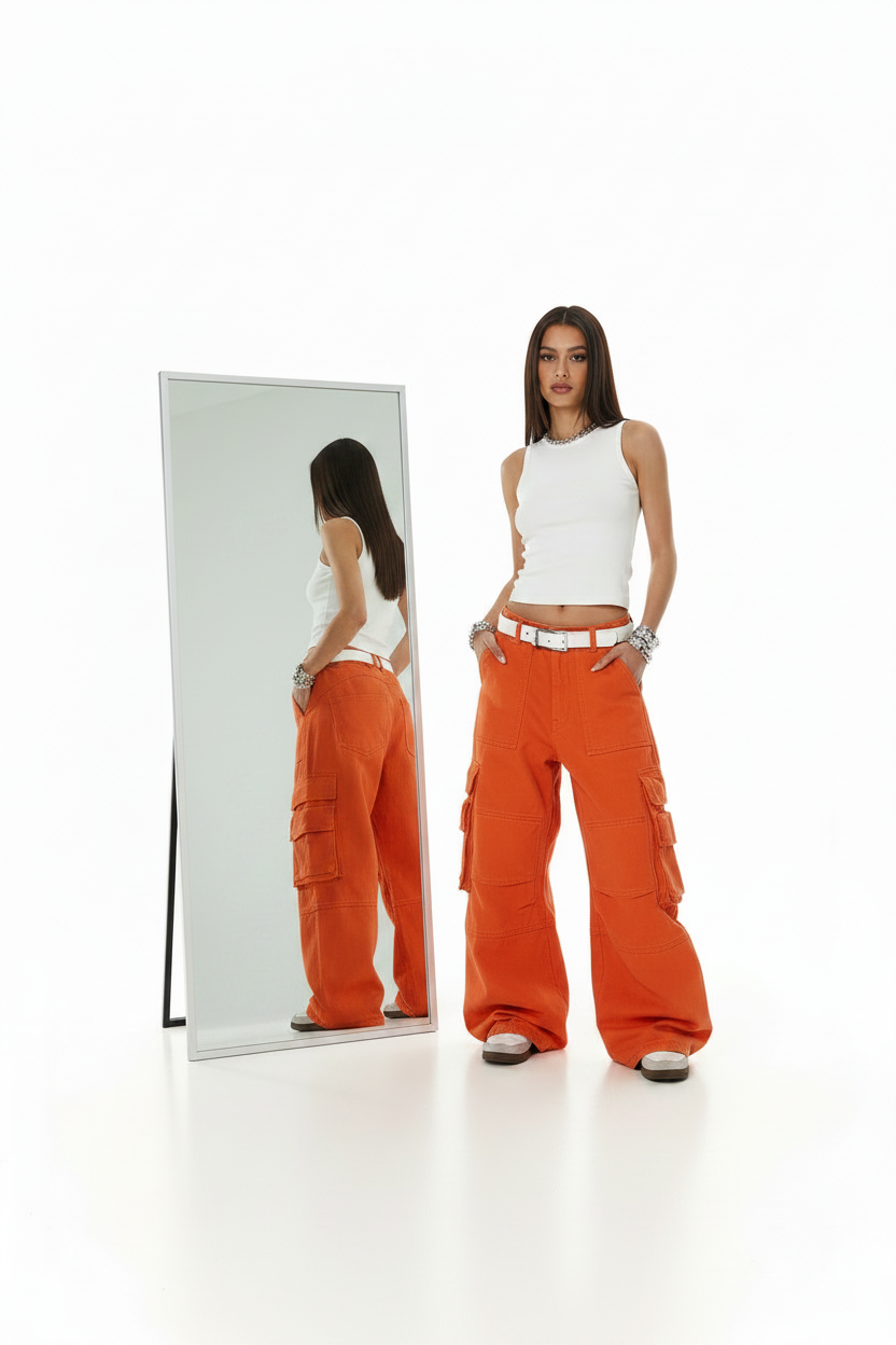 American-style Deconstructed Multi-pocket Statement Orange Utility Pants