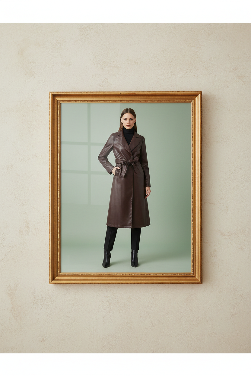 Early Autumn New Arrival French-Style Elegant Faux Leather Long Coat With Belt