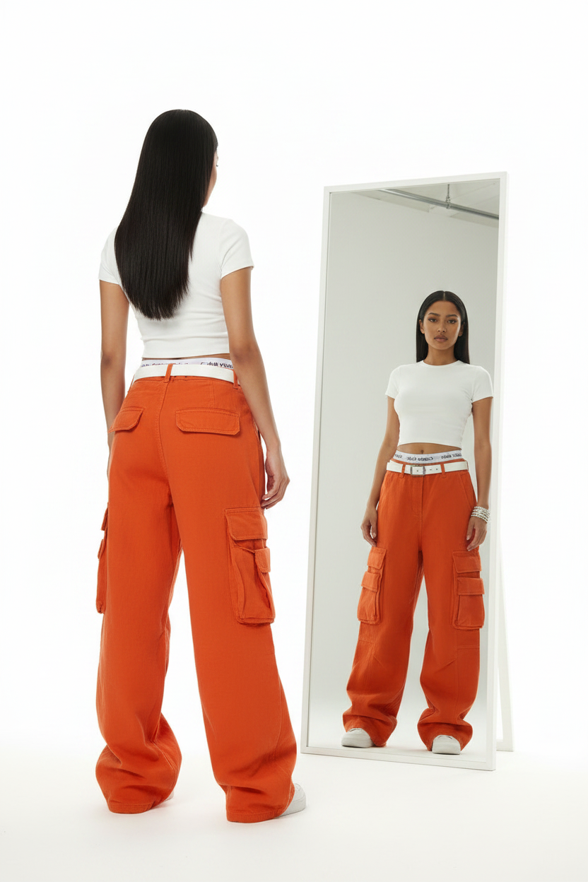 American-style Deconstructed Multi-pocket Statement Orange Utility Pants