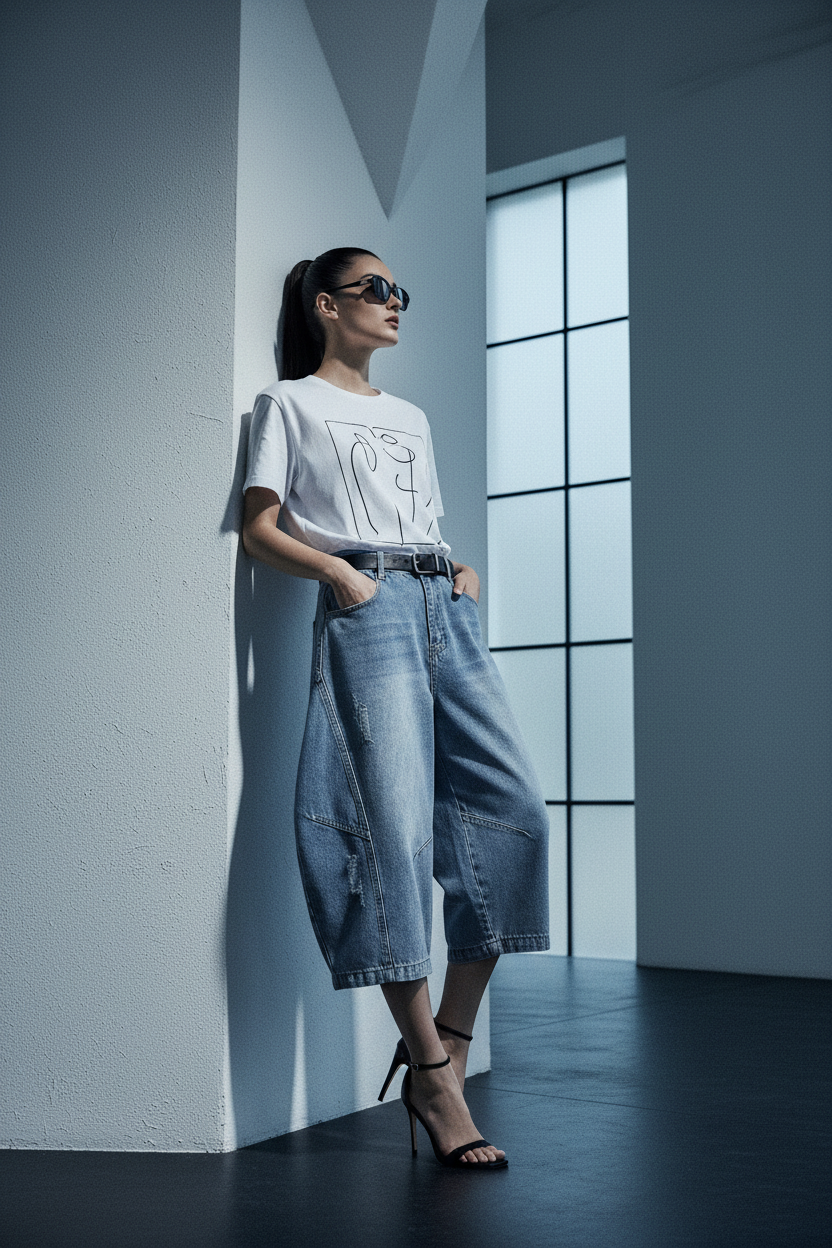 A woman stands in a minimalist room with white walls and a large window, wearing a white graphic t-shirt, wide-leg light-wash denim culottes, and black high-heeled sandals.