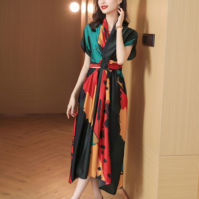 French Tea Break Elegant Printed Maxi Dress — Short Sleeve V-Neck