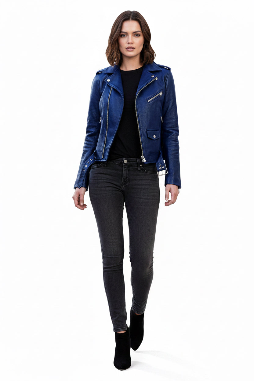 Blue leather jacket with silver zippers on a white background