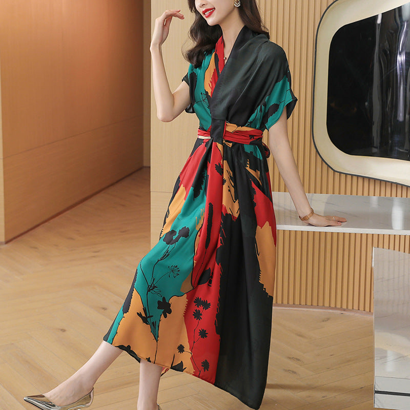 French Tea Break Elegant Printed Maxi Dress — Short Sleeve V-Neck