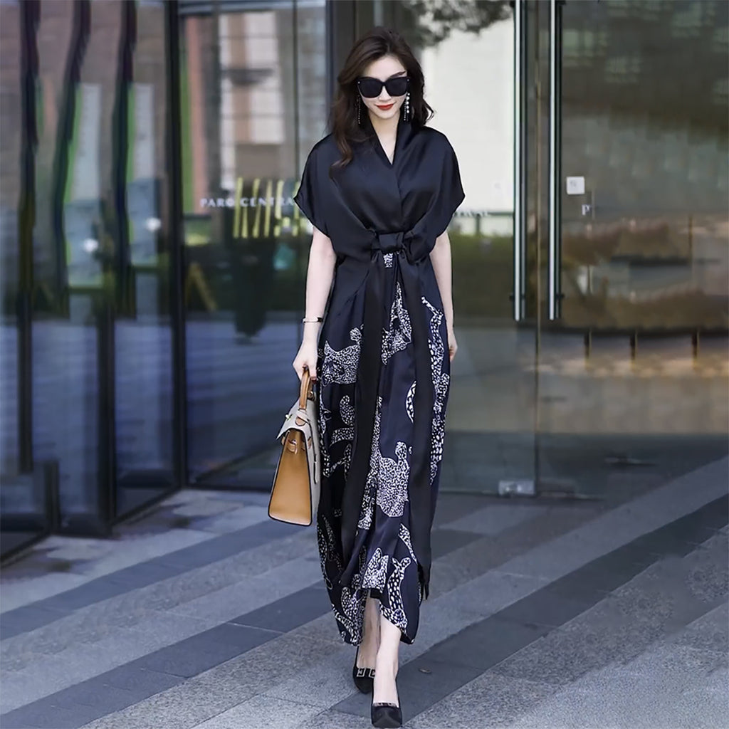 French Tea Break Elegant Printed Maxi Dress — Short Sleeve V-Neck
