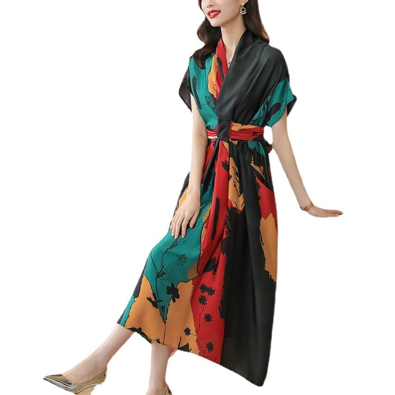 French Tea Break Elegant Printed Maxi Dress — Short Sleeve V-Neck