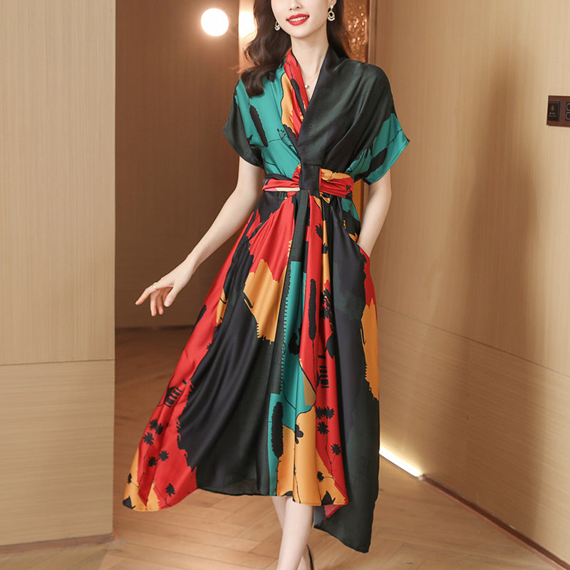 French Tea Break Elegant Printed Maxi Dress — Short Sleeve V-Neck