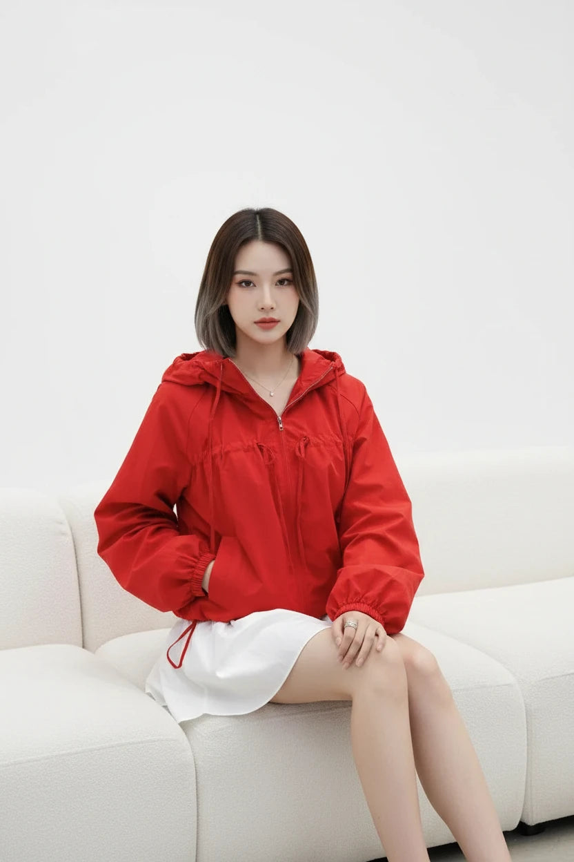 Women's Drawstring Hooded Bubble-Sleeve Jacket