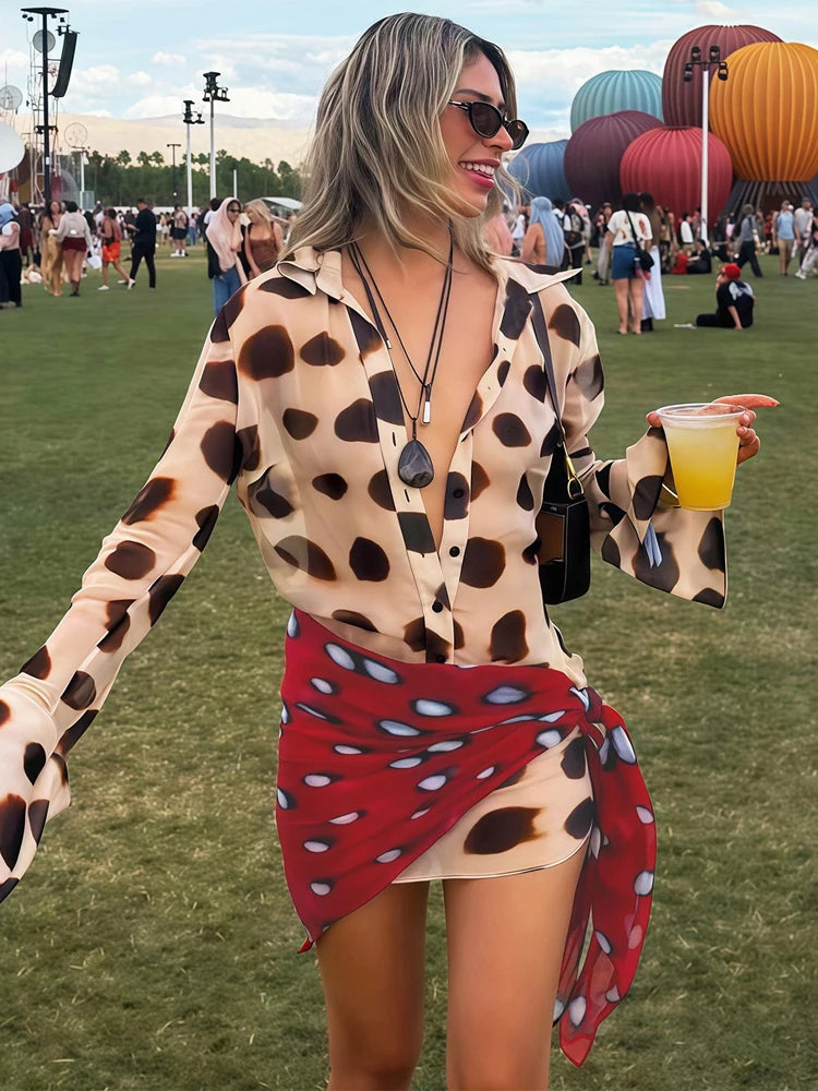 Dot Print Split Mermaid Midi Dress