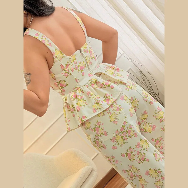 Floral Ruffle Top and Wide-Leg Pants Set original reference photo