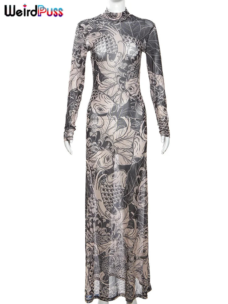 Women's Mesh Print Turtleneck Maxi Dress