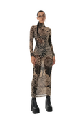 Mesh Print Turtleneck Maxi Dress — Long Sleeve Statement Gown