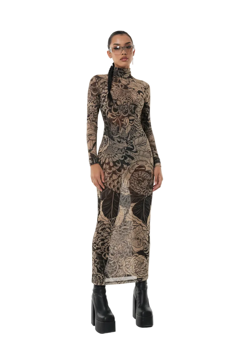 Women's Mesh Print Turtleneck Maxi Dress
