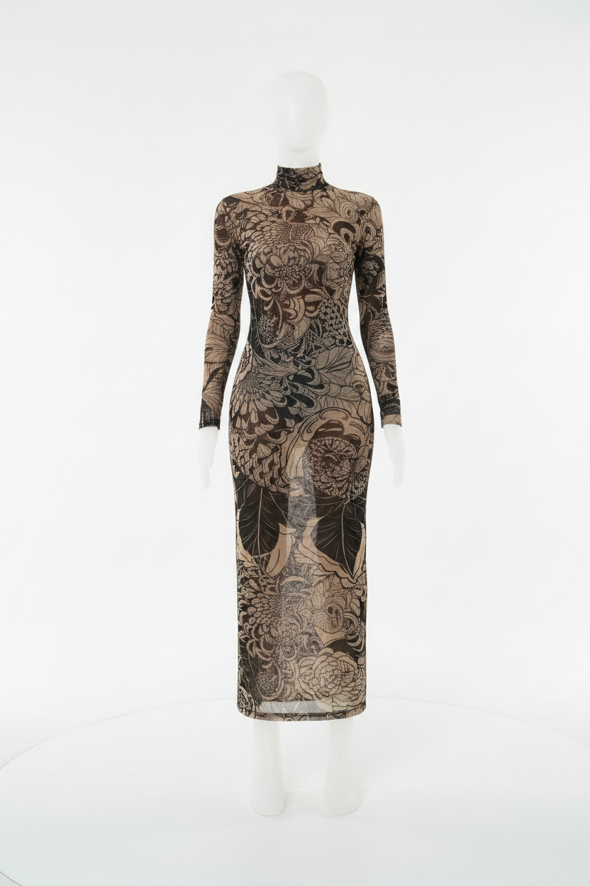 Women's Mesh Print Turtleneck Maxi Dress