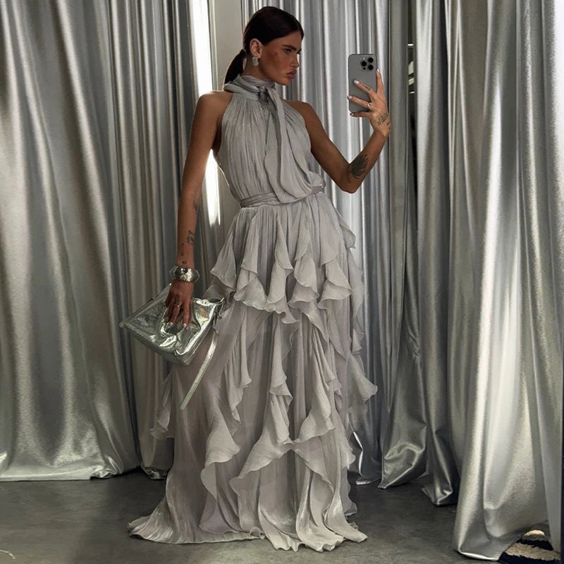 Cascading Ruffle Pleated Maxi Dress — Sleeveless Lace-Up A-Line