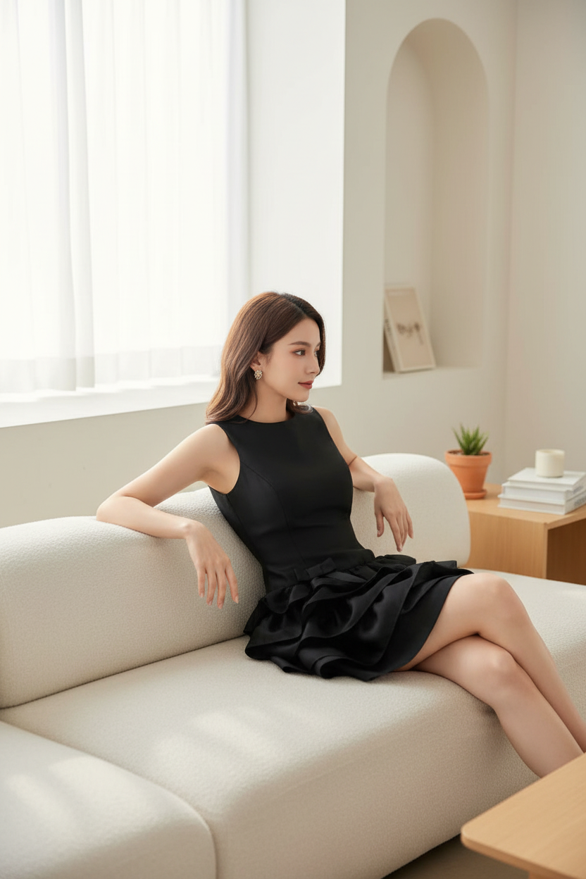 Women's Black Satin Ruffle Vest Dress