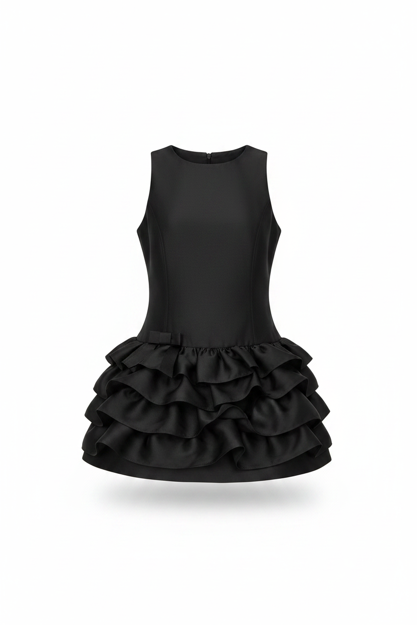 Women's Black Satin Ruffle Vest Dress