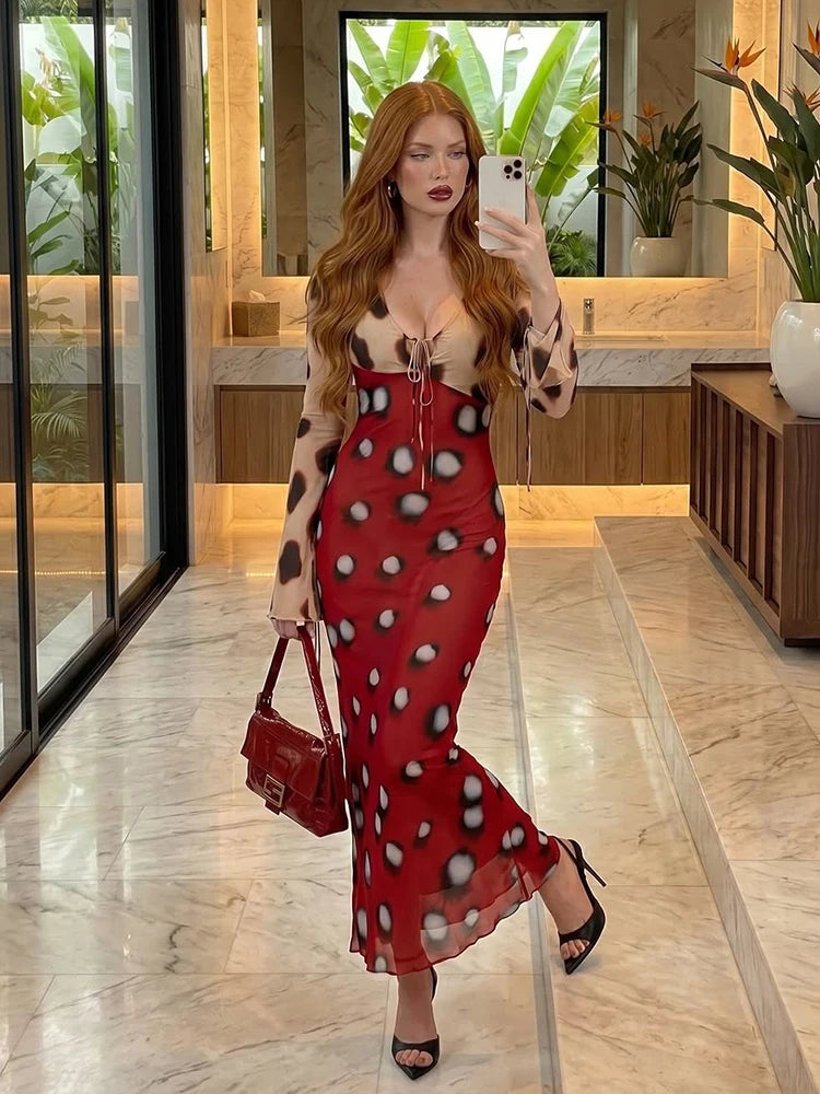 Dot Print Split Mermaid Midi Dress