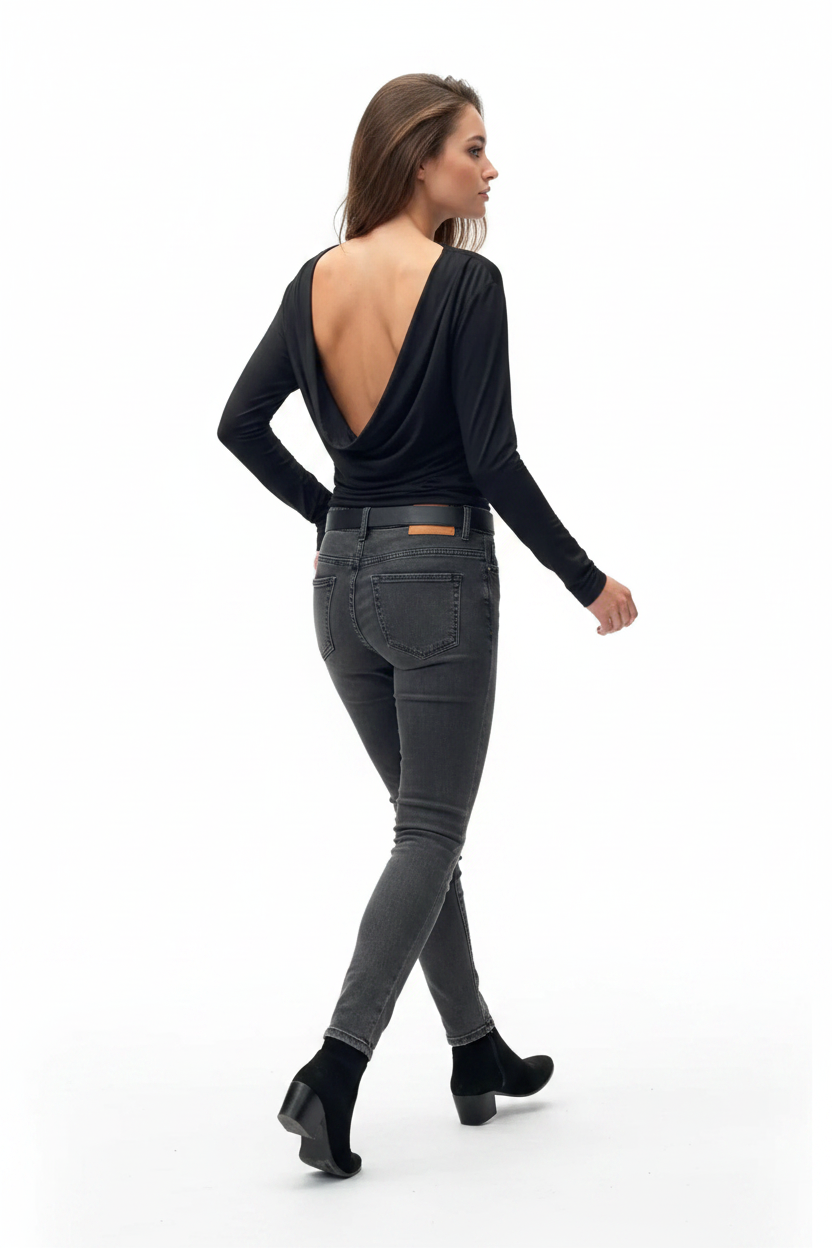 Black Fold-Detail Long Sleeve Top