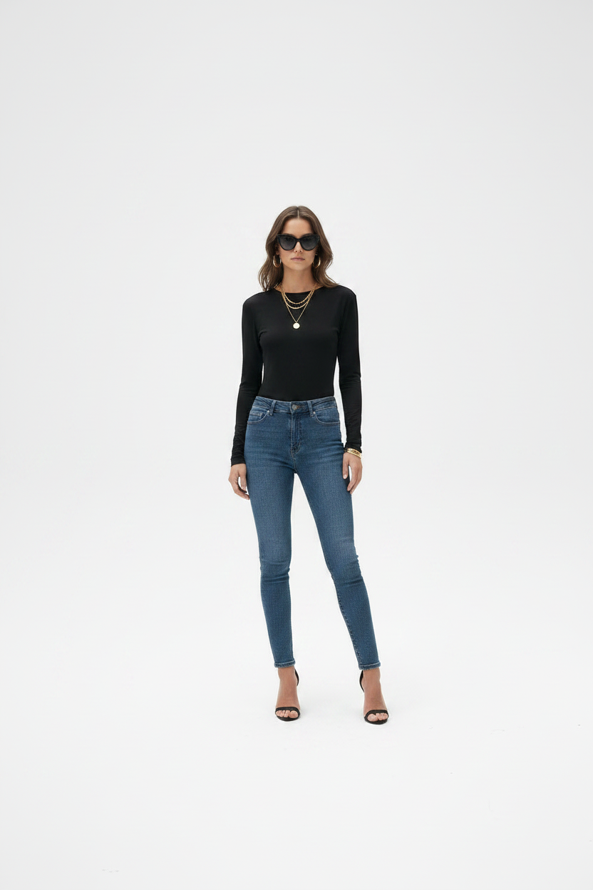 Black Fold-Detail Long Sleeve Top